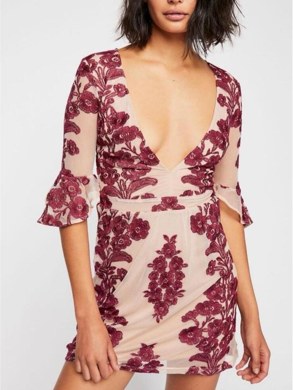 For Love & Lemons Burgundy Lace Mini Dress Floral Embroidered Sheer Bell Sleeve